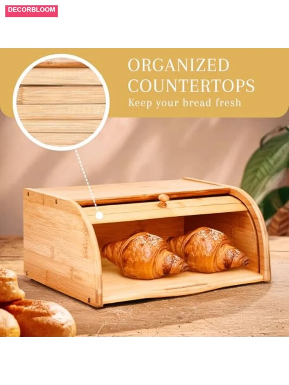 Bamboo Bread Box with Roll-Top Vintage Style Breadbox for Kitchen Counter